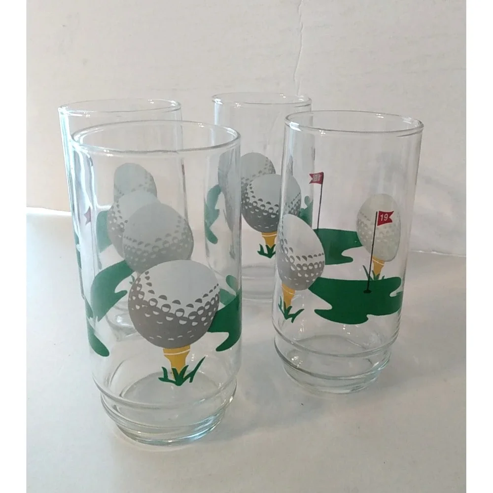 4X Vintage Golf Ball 19th Hole Glasses Glass Set Bar Man cave Glasses NICE!